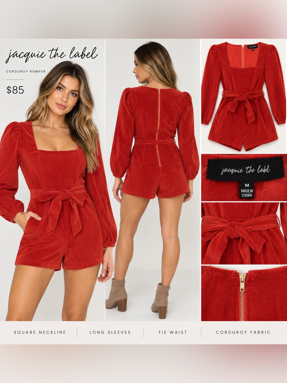 Jacqui E Burnt Orange Corduroy Tie-Waist Romper